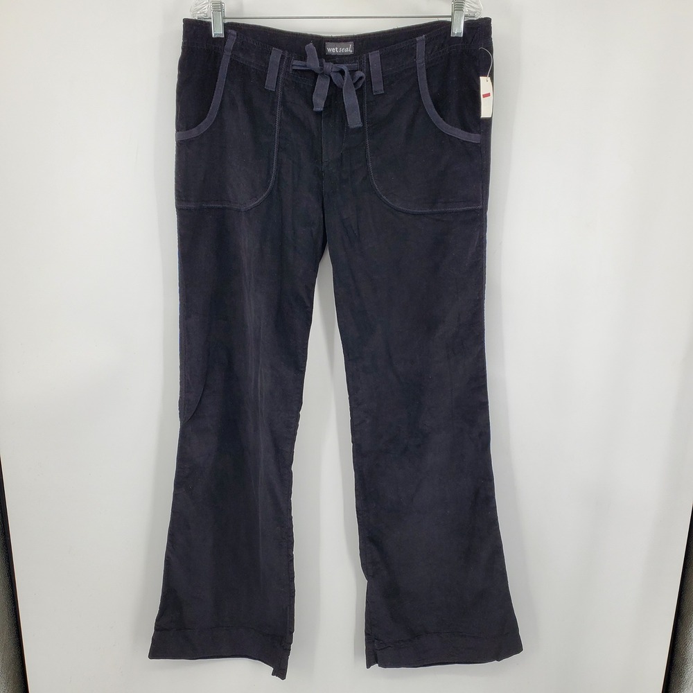 NWT Wet Seal Vintage Y2K Black Corduroy Porkchop Pocket Wide Leg Pants Size 13